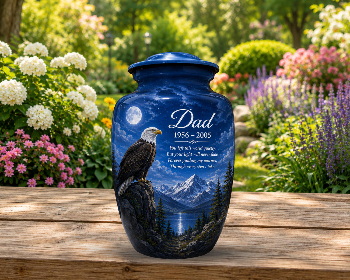 bald eagle moonrise cremation urn for human ashes, handmade aluminum memorial urn – photo 5