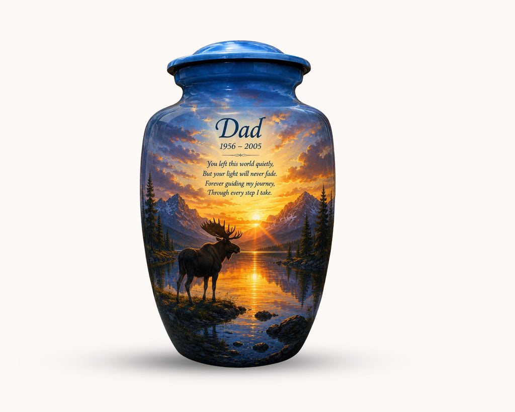 moose mountain lake cremation urn for human ashes, handmade aluminum memorial urn – photo 4