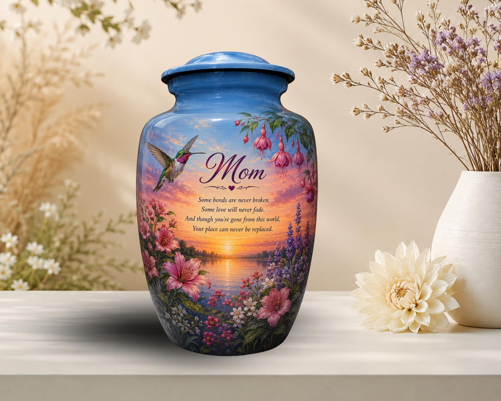 hummingbird wildflower fuchsia cremation urn for human ashes, handmade aluminum memorial urn – photo 3