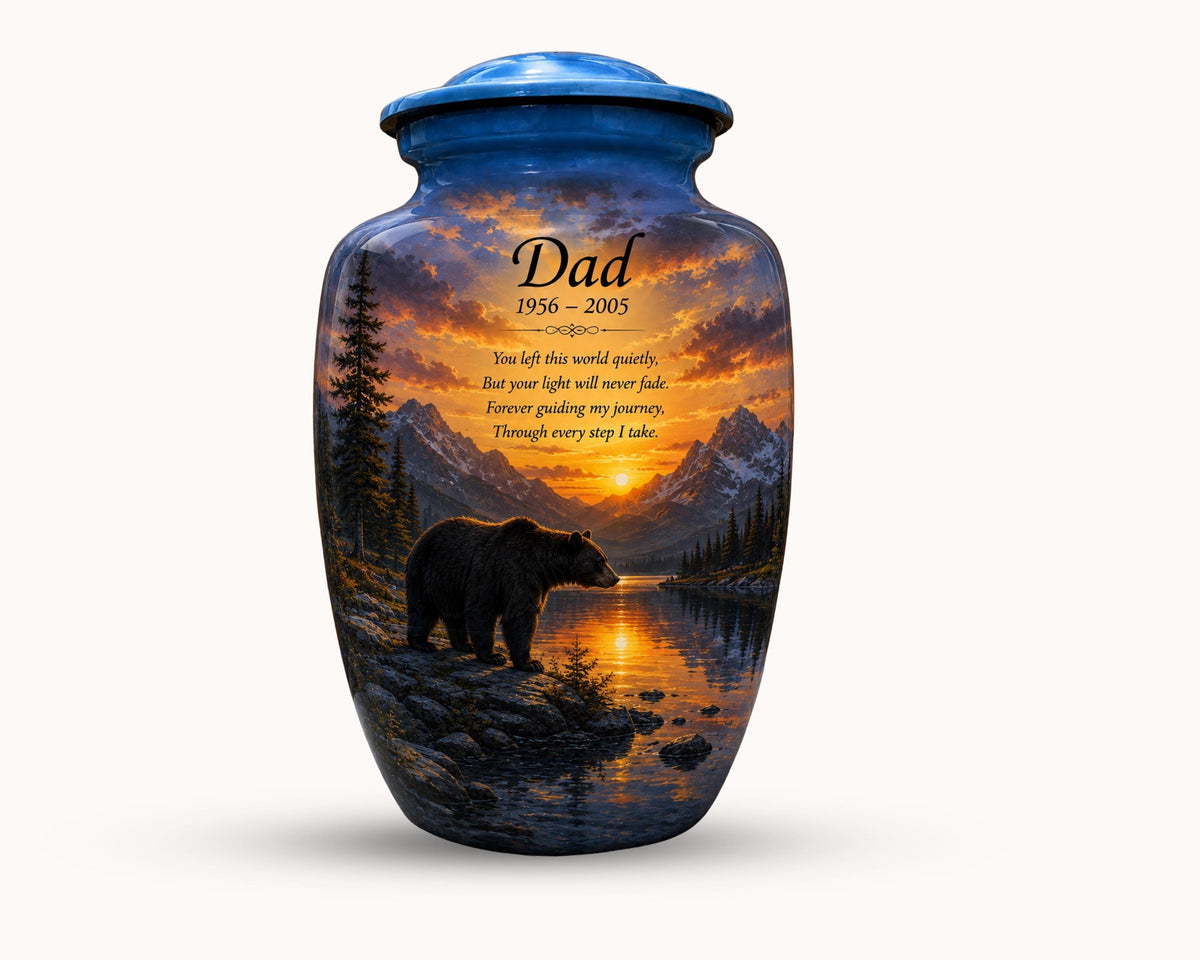 black bear mountain sunset cremation urn for human ashes, handmade aluminum memorial urn – photo 1