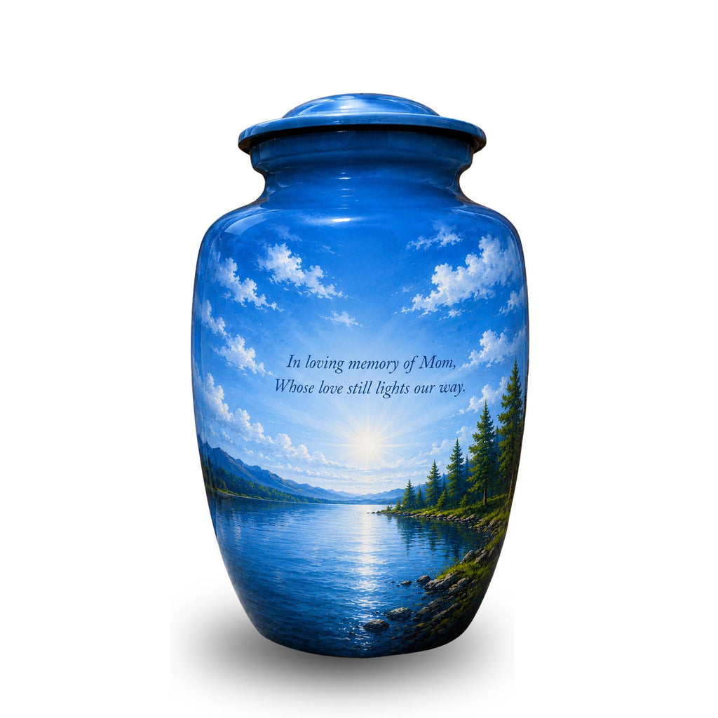 blue lake mountain cremation urn for human ashes, handmade aluminum memorial urn – photo 1