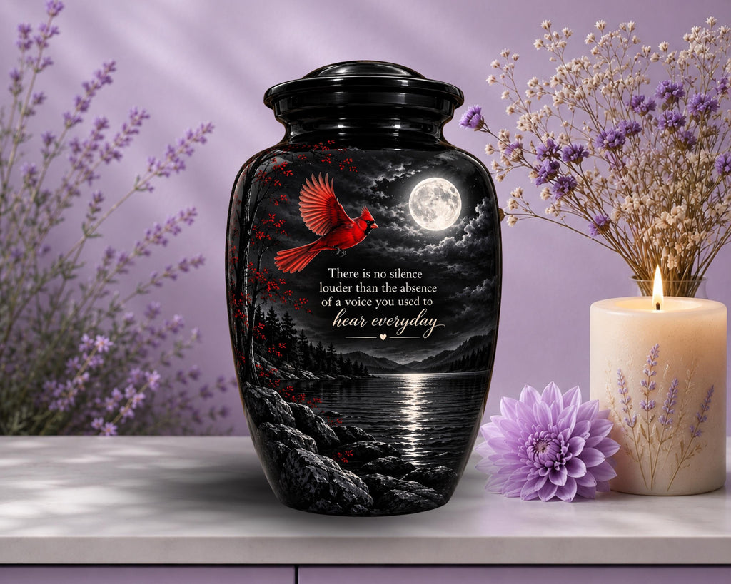 red cardinal moonlight cremation urn for human ashes, handmade aluminum memorial urn – photo 7