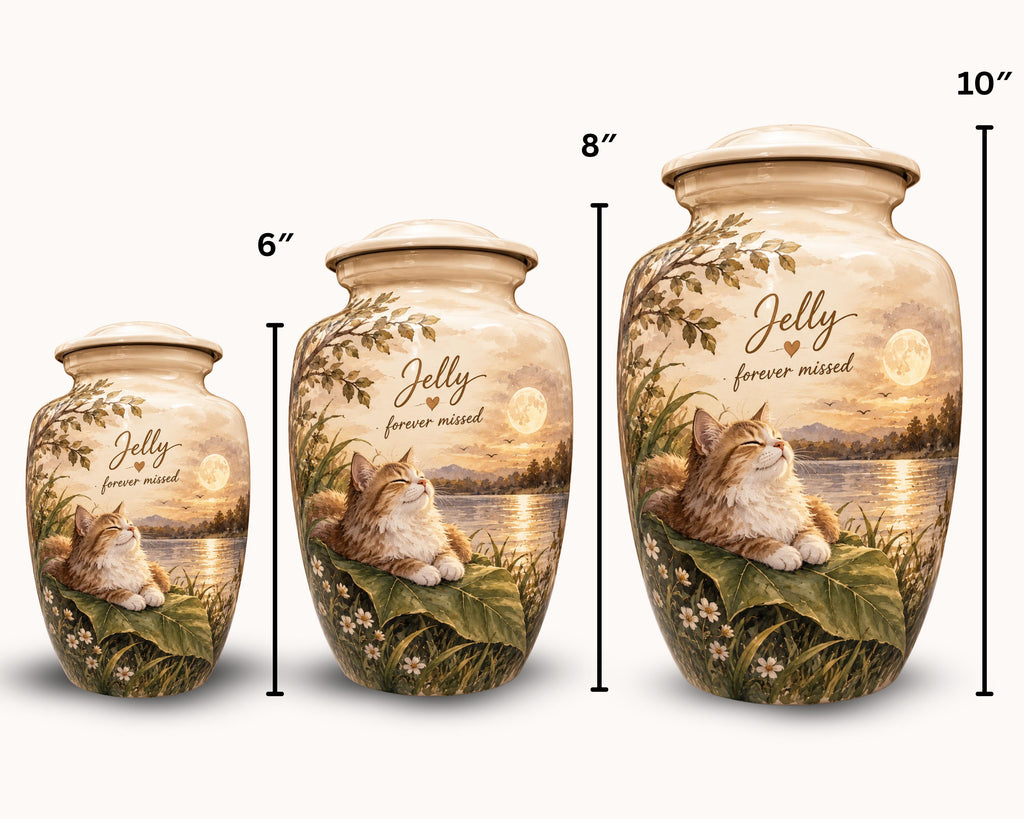 sleeping cat sunset cremation urn for pet ashes, handmade aluminum memorial urn – photo 3