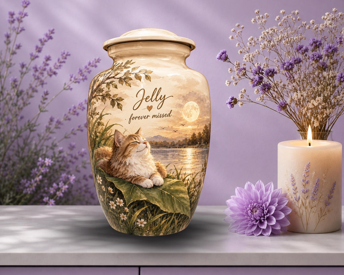 sleeping cat sunset cremation urn for pet ashes, handmade aluminum memorial urn – photo 5