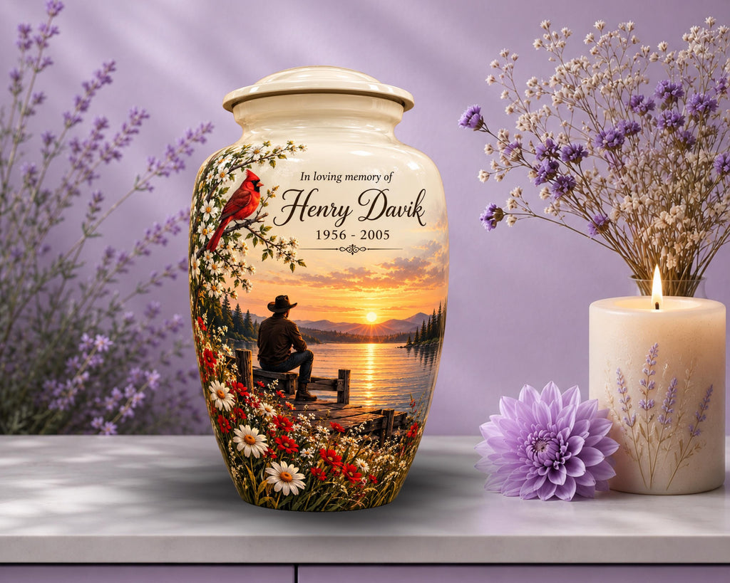 cardinal sunset lake cremation urn for human ashes, handmade aluminum memorial urn – photo 4