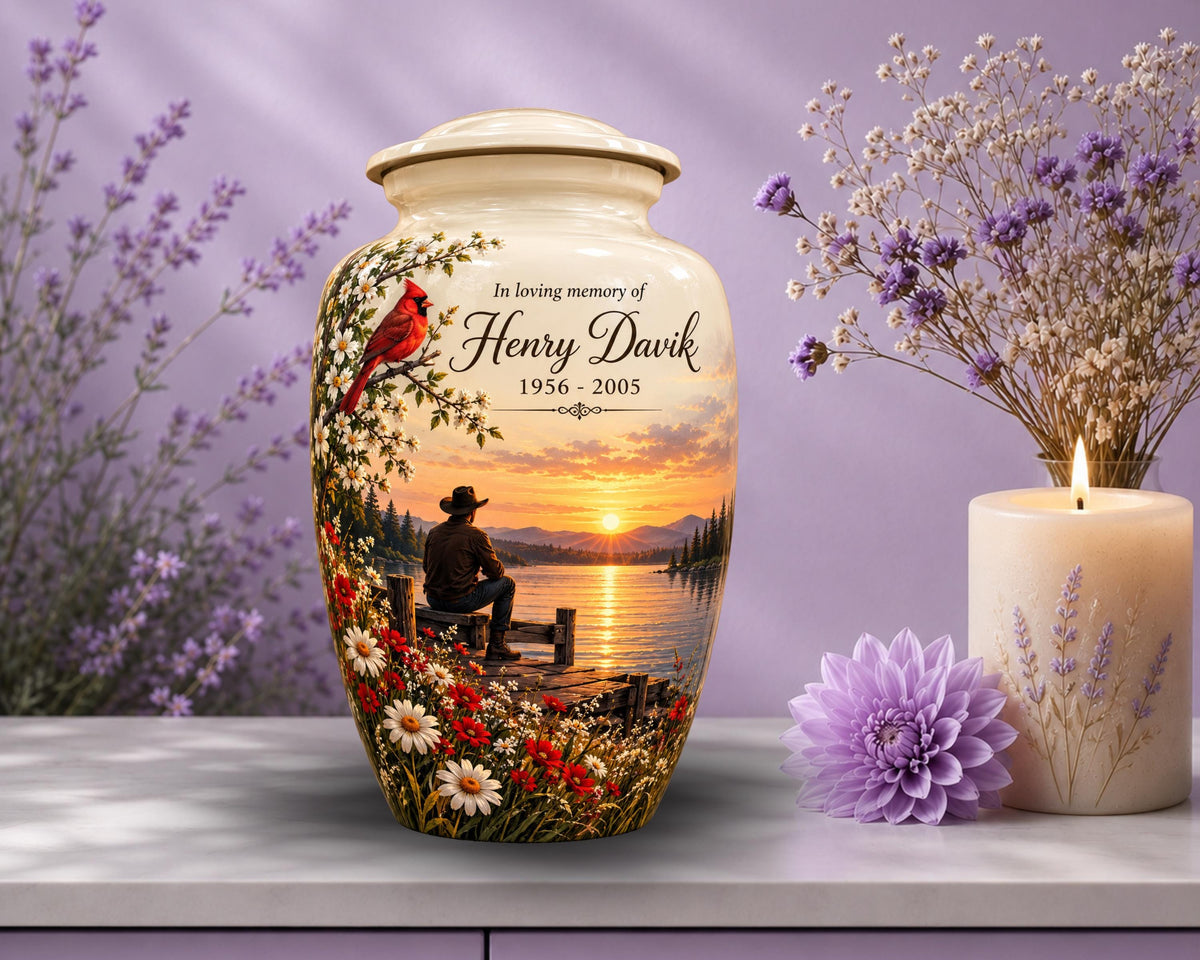 cardinal sunset lake cremation urn for human ashes, handmade aluminum memorial urn – photo 4