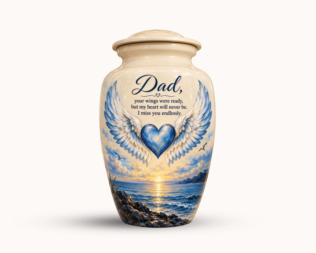 angel wings blue heart cremation urn for human ashes, handmade aluminum memorial urn – photo 1