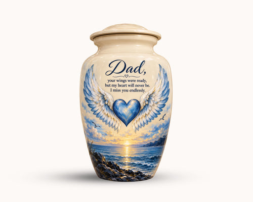 angel wings blue heart cremation urn for human ashes, handmade aluminum memorial urn – photo 1