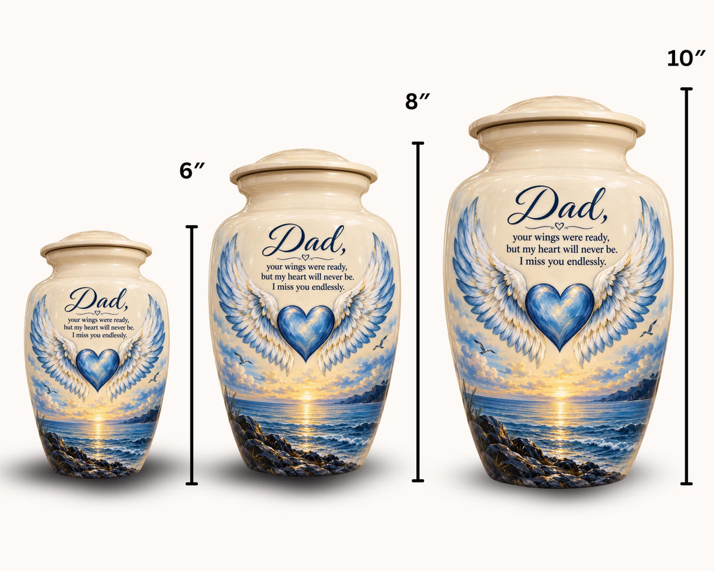 angel wings blue heart cremation urn for human ashes, handmade aluminum memorial urn – photo 2
