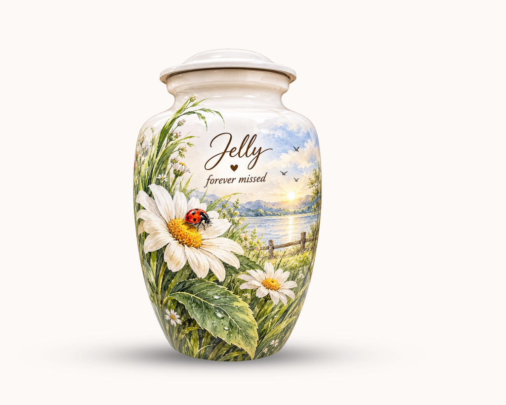 daisy ladybug lake cremation urn for human ashes, handmade aluminum memorial urn – photo 4