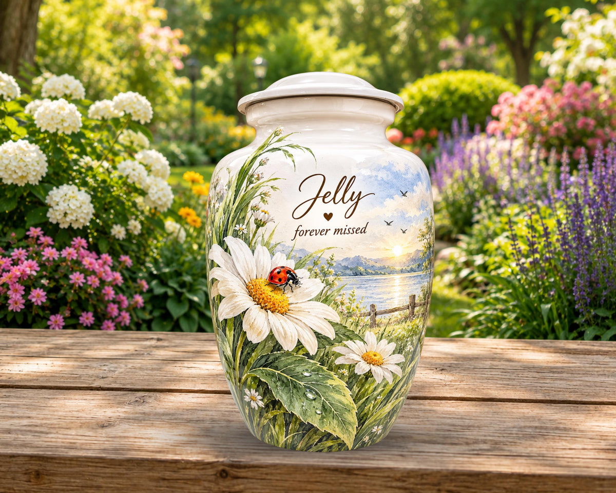 daisy ladybug lake cremation urn for human ashes, handmade aluminum memorial urn – photo 5