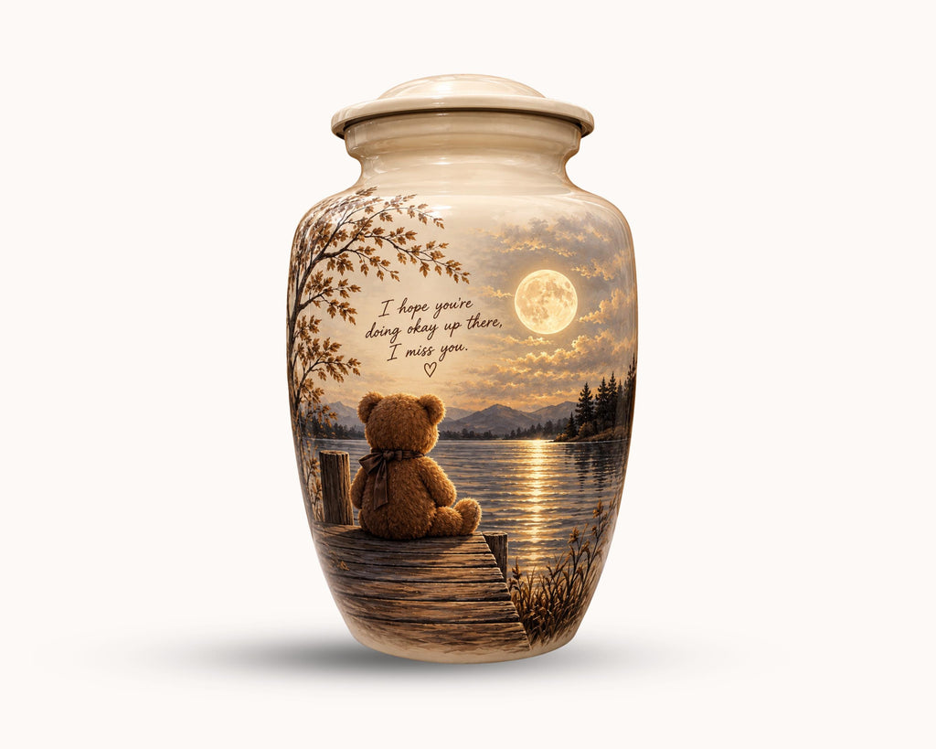 teddy bear moonlit lake cremation urn for human ashes, handmade aluminum memorial urn – photo 1