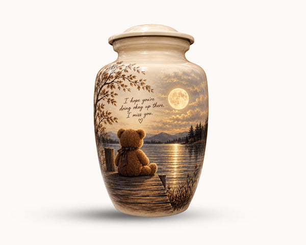 teddy bear moonlit lake cremation urn for human ashes, handmade aluminum memorial urn – photo 1