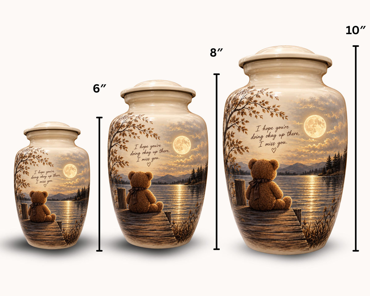 teddy bear moonlit lake cremation urn for human ashes, handmade aluminum memorial urn – photo 2