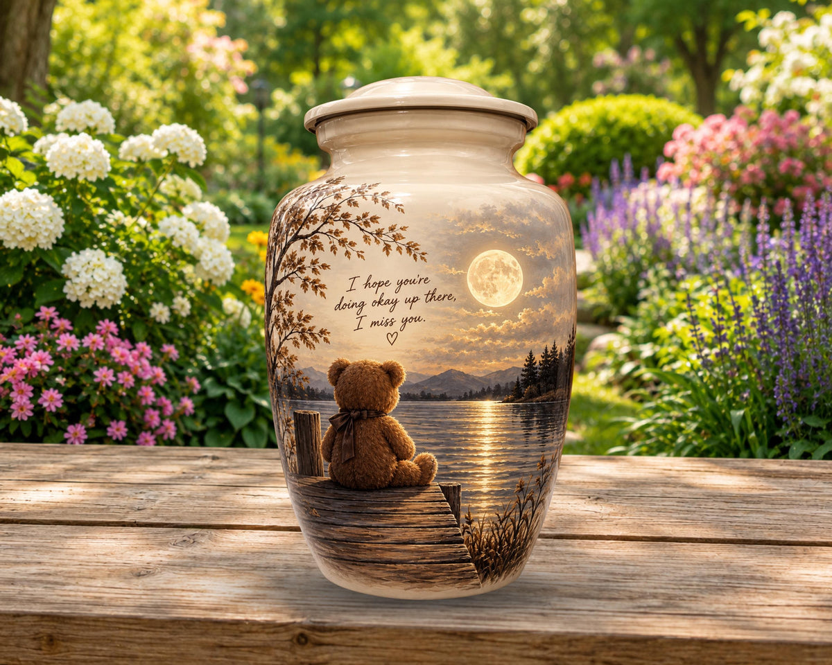 teddy bear moonlit lake cremation urn for human ashes, handmade aluminum memorial urn – photo 4