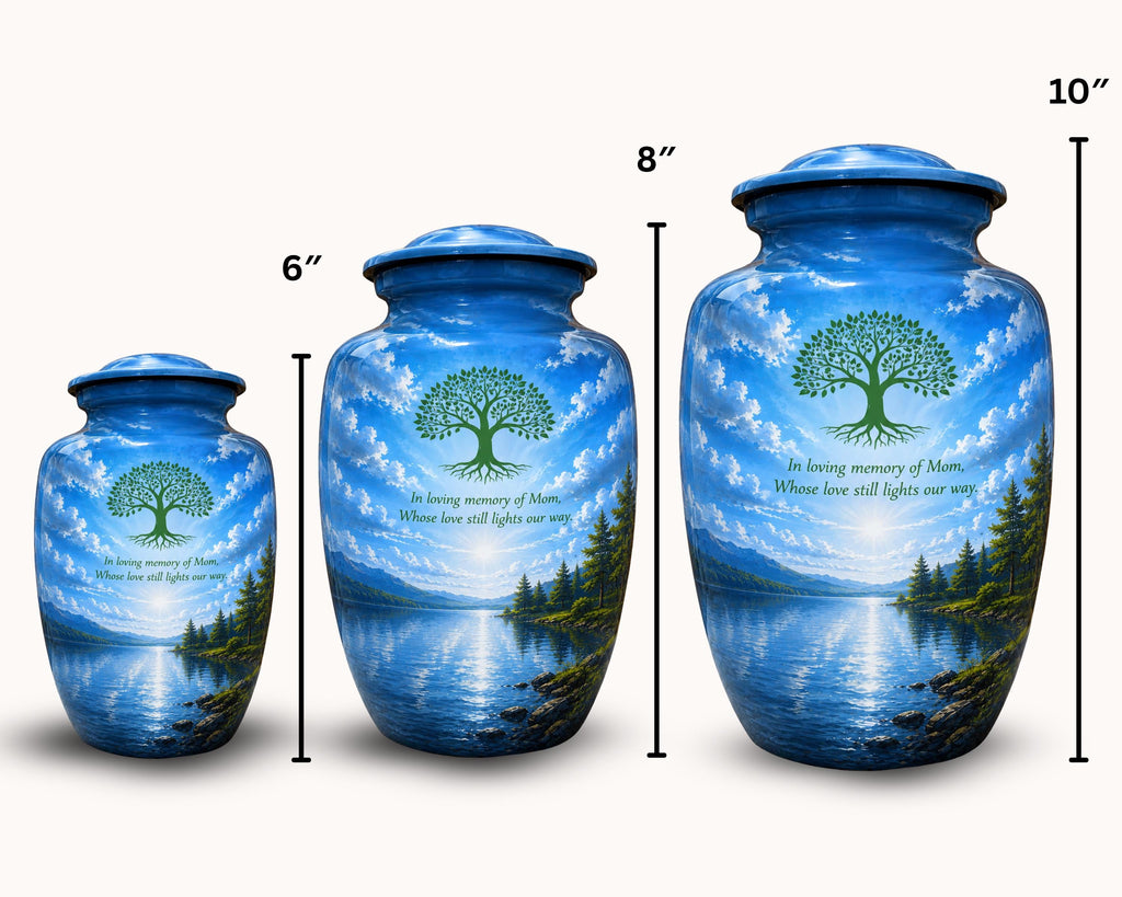 tree of life blue lake cremation urn for human ashes, handmade aluminum memorial urn – photo 2