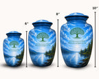 tree of life blue lake cremation urn for human ashes, handmade aluminum memorial urn – photo 2
