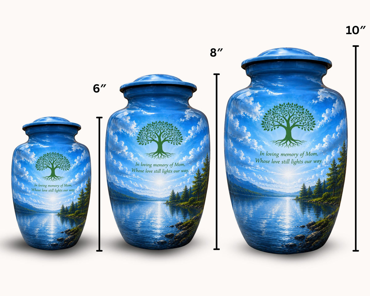 tree of life blue lake cremation urn for human ashes, handmade aluminum memorial urn – photo 2