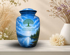 tree of life blue lake cremation urn for human ashes, handmade aluminum memorial urn – photo 1