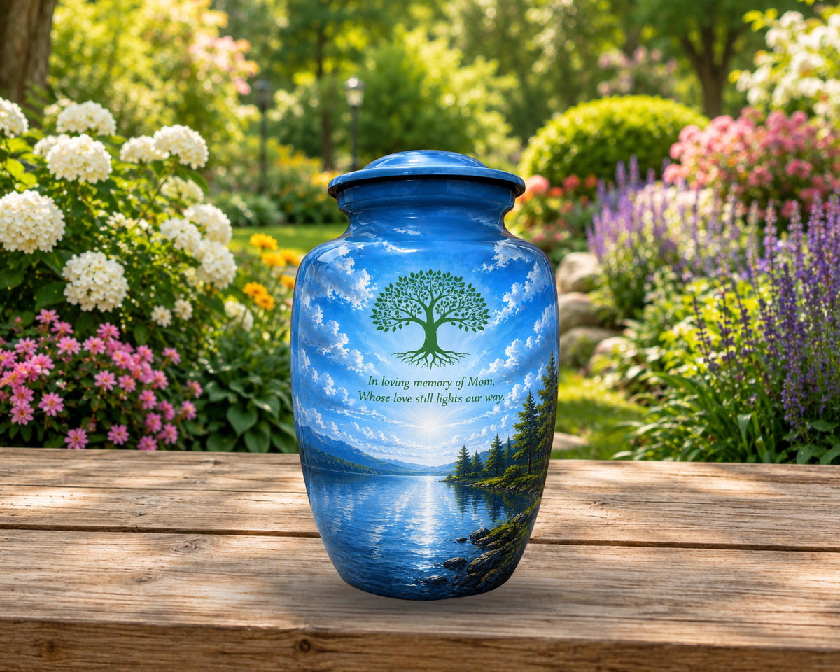 tree of life blue lake cremation urn for human ashes, handmade aluminum memorial urn – photo 5