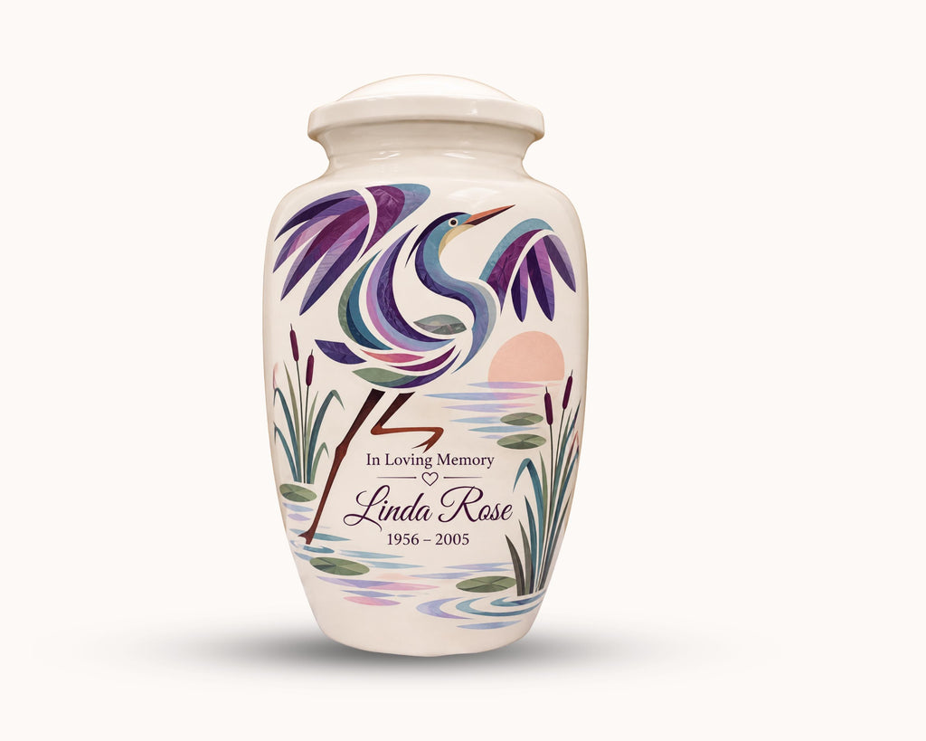 swan lily pond cremation urn for human ashes, handmade aluminum memorial urn – photo 1