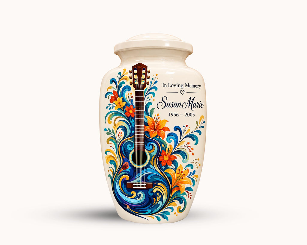 guitar floral cremation urn for human ashes, handmade aluminum memorial urn – photo 4