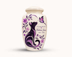 black cat purple floral cremation urn for pet ashes, handmade aluminum memorial urn – photo 1