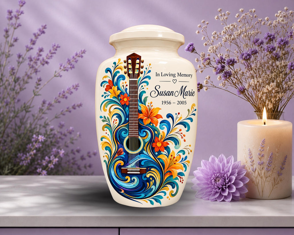guitar floral cremation urn for human ashes, handmade aluminum memorial urn – photo 5