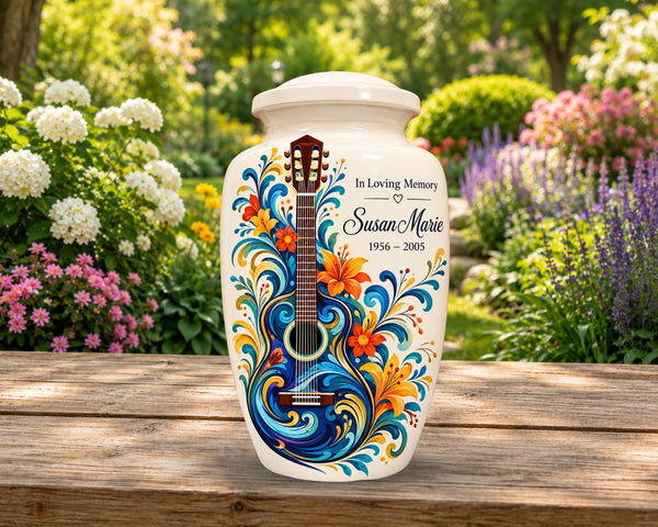 guitar floral cremation urn for human ashes, handmade aluminum memorial urn – photo 1