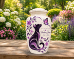 black cat purple floral cremation urn for pet ashes, handmade aluminum memorial urn – photo 2