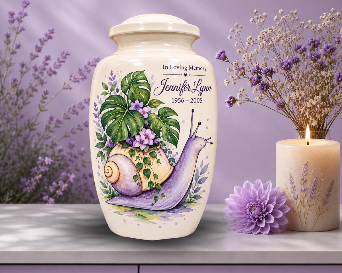 purple snail botanical cremation urn for human ashes, handmade aluminum memorial urn – photo 5
