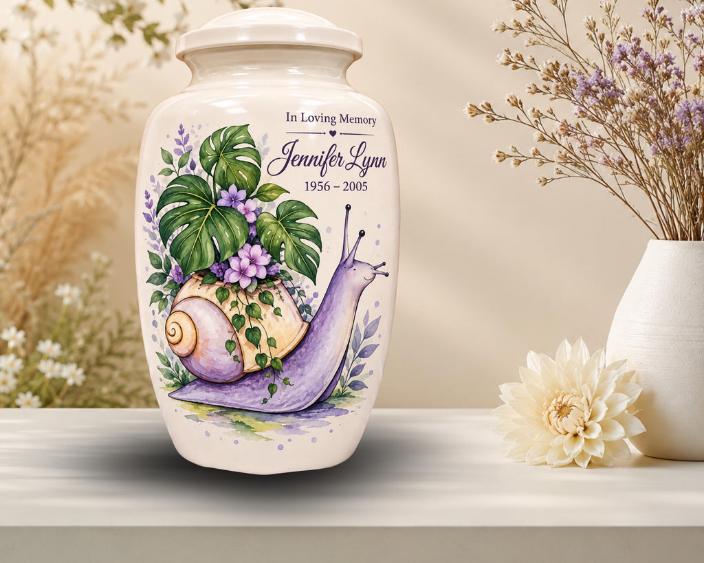 purple snail botanical cremation urn for human ashes, handmade aluminum memorial urn – photo 6