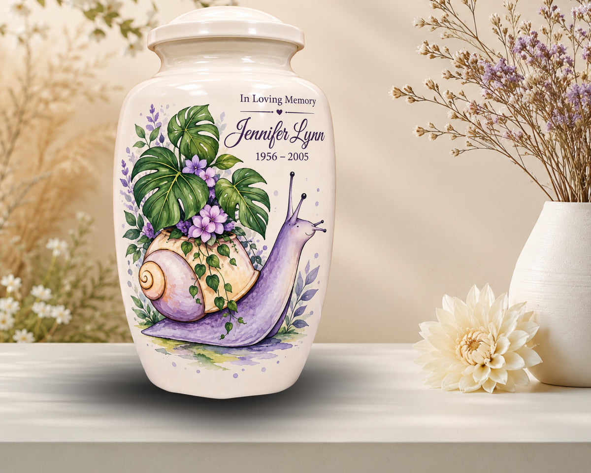 purple snail botanical cremation urn for human ashes, handmade aluminum memorial urn – photo 6