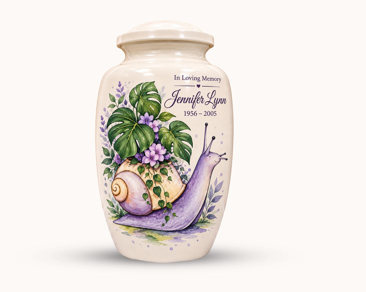 purple snail botanical cremation urn for human ashes, handmade aluminum memorial urn – photo 1