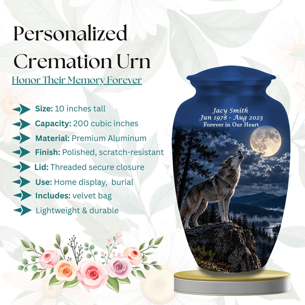 howling wolf full moon cremation urn for human ashes, handmade aluminum memorial urn – photo 2