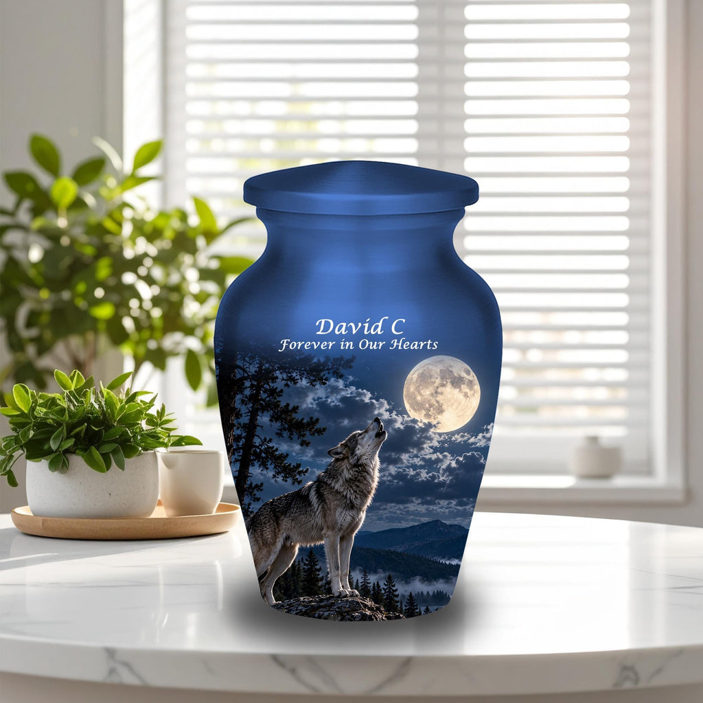 howling wolf full moon cremation urn for human ashes, handmade aluminum memorial urn – photo 9