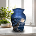 howling wolf full moon cremation urn for human ashes, handmade aluminum memorial urn – photo 9