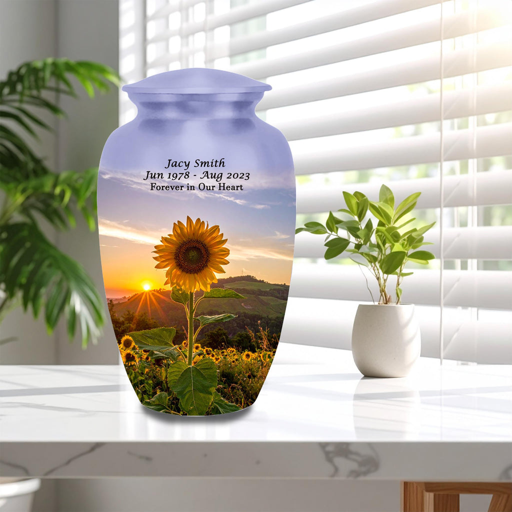 sunflower sunrise cremation urn for human ashes, handmade aluminum memorial urn – photo 5