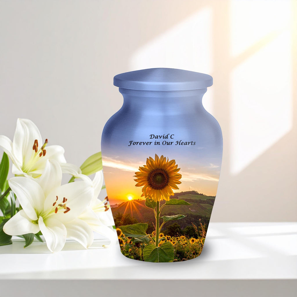 sunflower sunrise cremation urn for human ashes, handmade aluminum memorial urn – photo 10