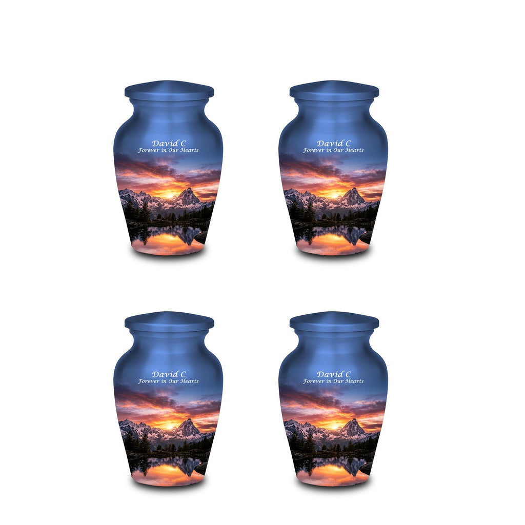 snowy mountain sunset cremation urn for human ashes, handmade aluminum memorial urn – photo 6