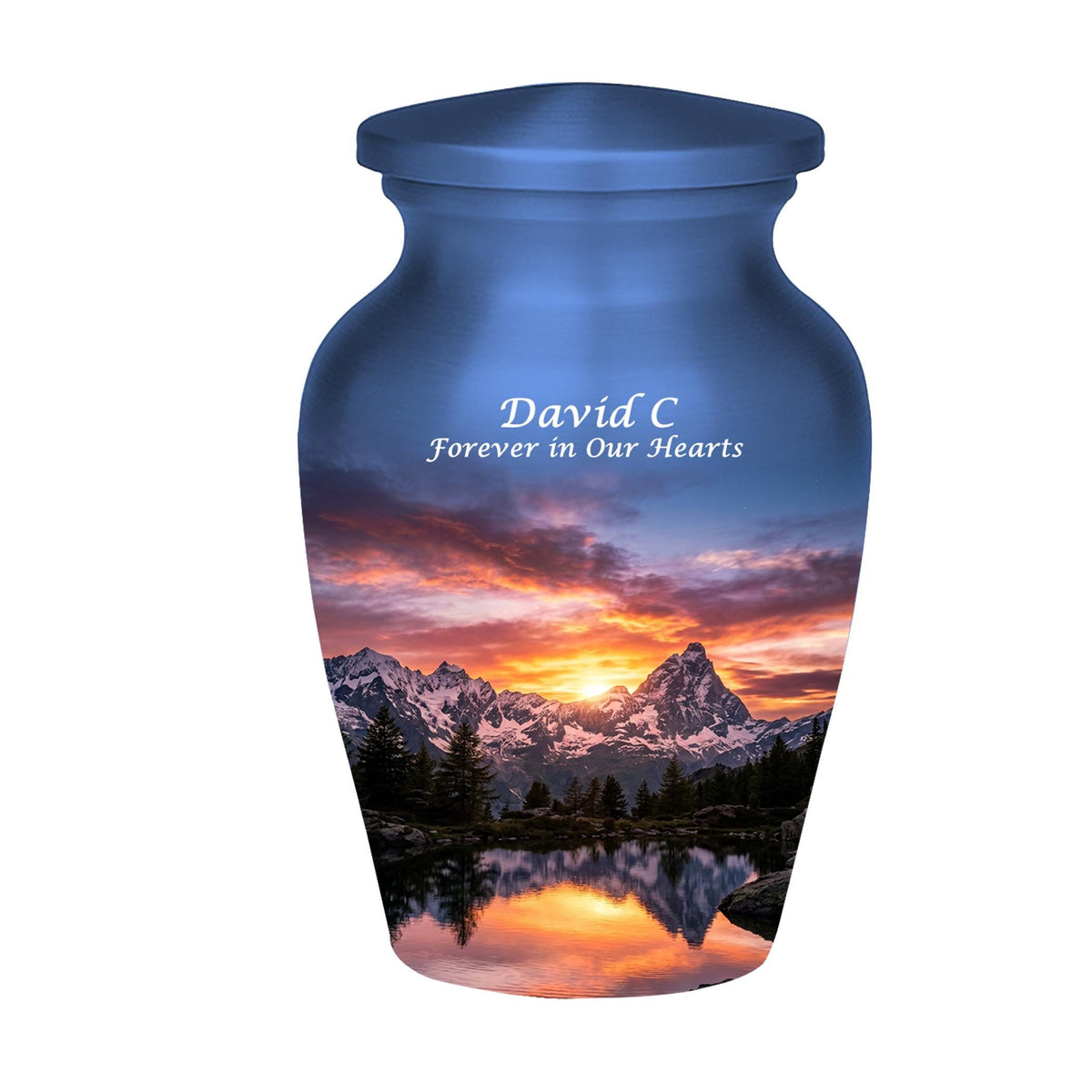 snowy mountain sunset cremation urn for human ashes, handmade aluminum memorial urn – photo 5