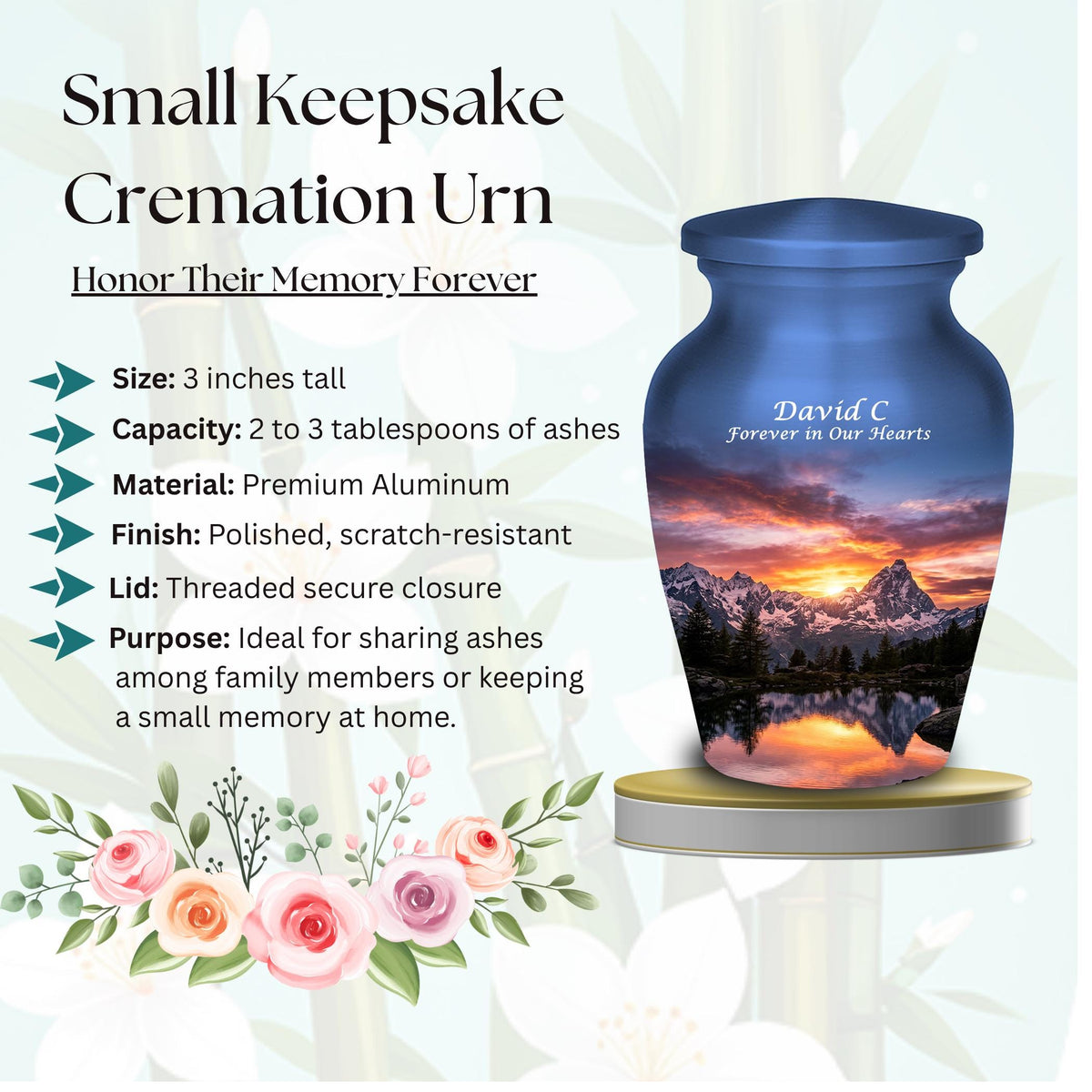 snowy mountain sunset cremation urn for human ashes, handmade aluminum memorial urn – photo 7