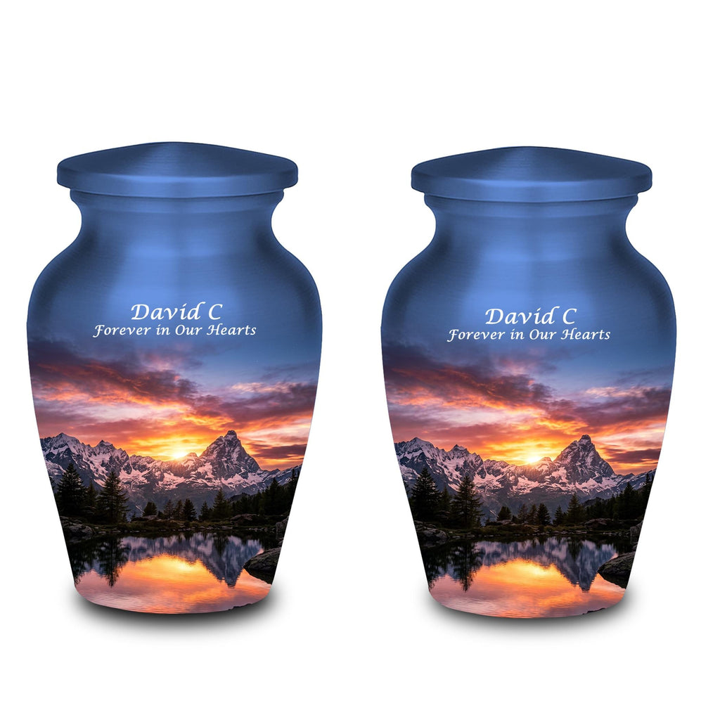 snowy mountain sunset cremation urn for human ashes, handmade aluminum memorial urn – photo 8