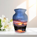 snowy mountain sunset cremation urn for human ashes, handmade aluminum memorial urn – photo 10