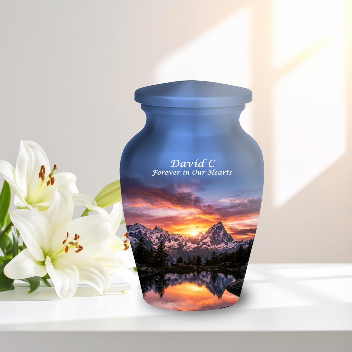 snowy mountain sunset cremation urn for human ashes, handmade aluminum memorial urn – photo 10