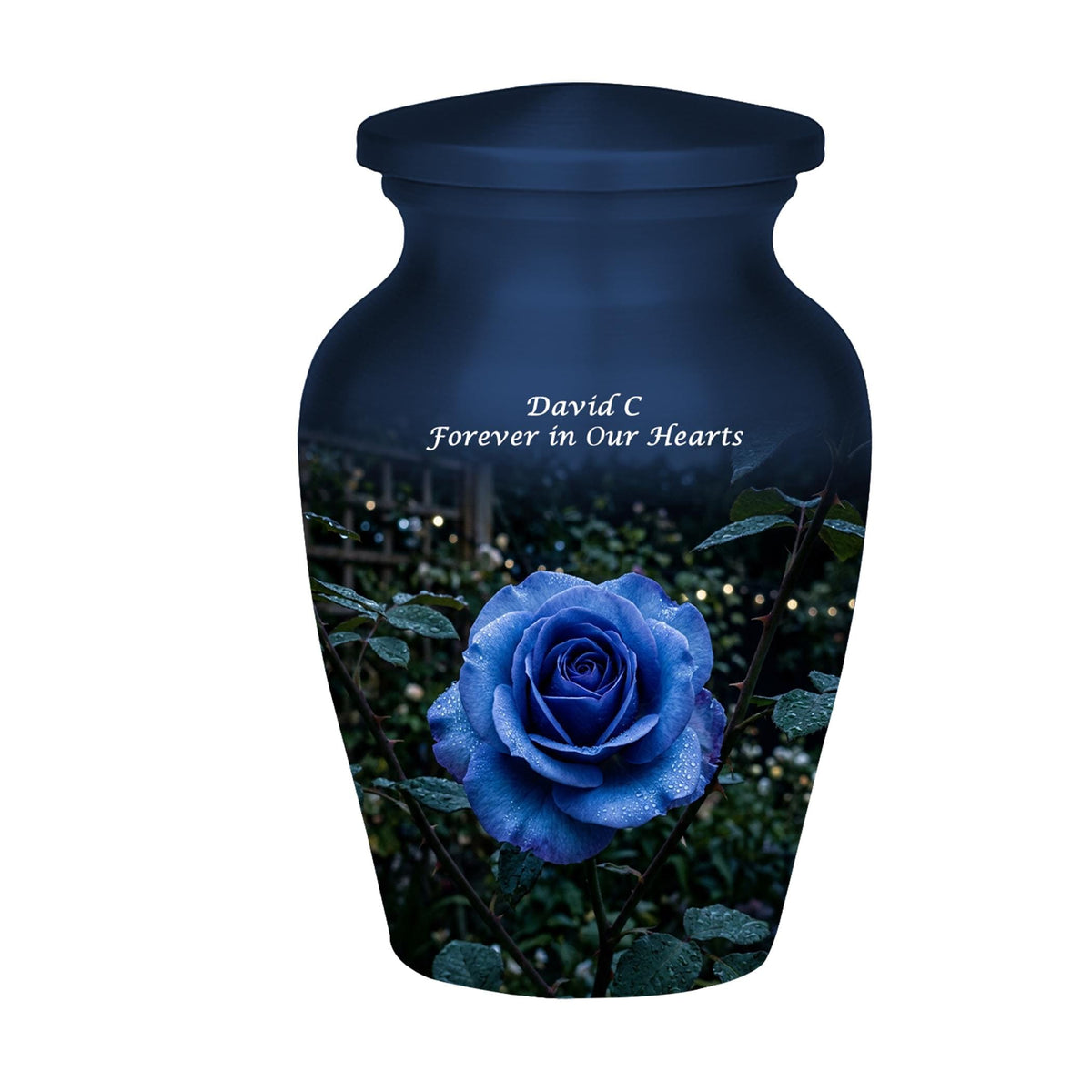 blue rose garden cremation urn for human ashes, handmade aluminum memorial urn – photo 6