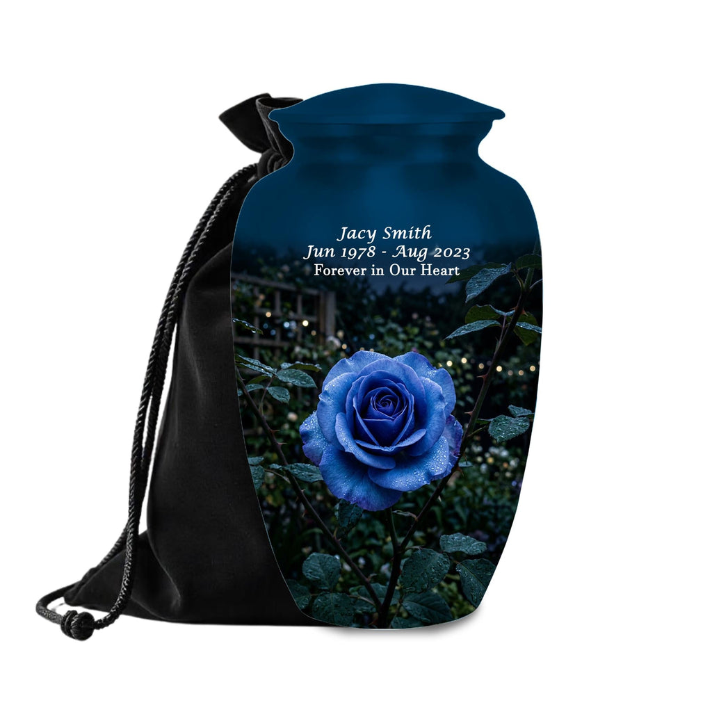 blue rose garden cremation urn for human ashes, handmade aluminum memorial urn – photo 4