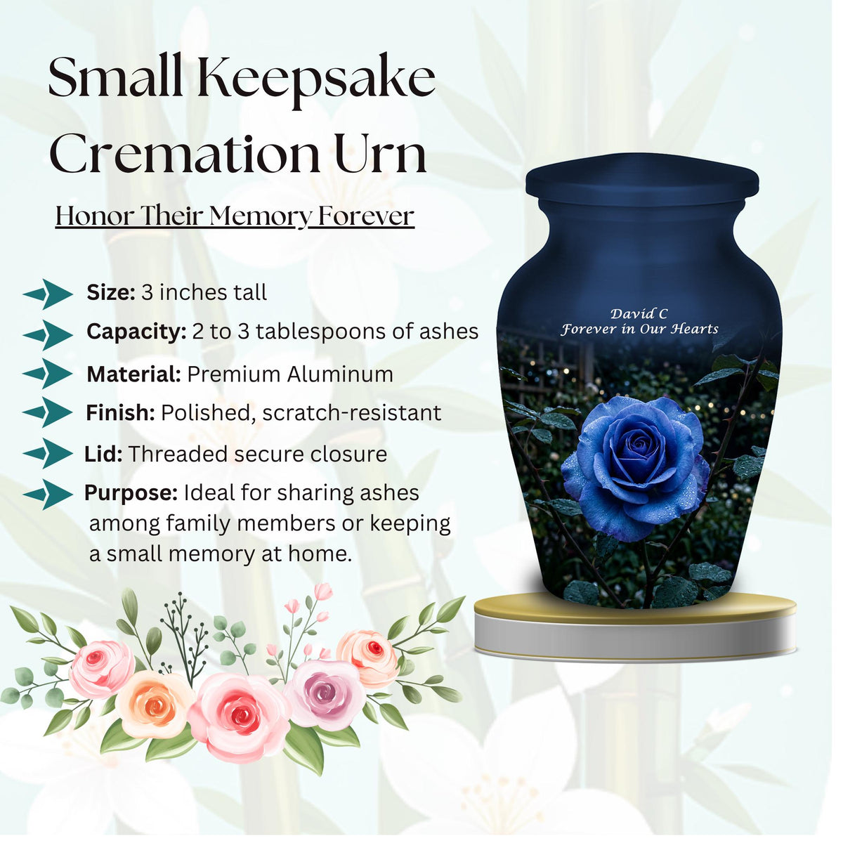 blue rose garden cremation urn for human ashes, handmade aluminum memorial urn – photo 3