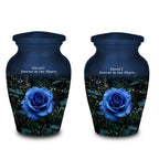 blue rose garden cremation urn for human ashes, handmade aluminum memorial urn – photo 8