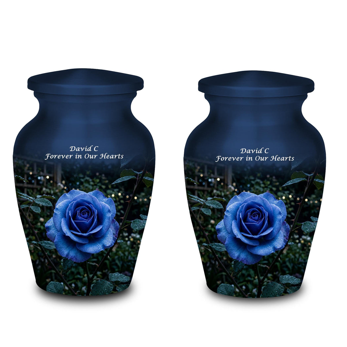 blue rose garden cremation urn for human ashes, handmade aluminum memorial urn – photo 8